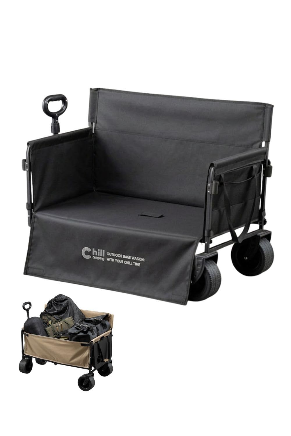 【日本ブランド累計販売48万個】Chill Camping アウトドアワゴン キャリーワゴン ベンチ カート 対荷重150kg 大容量124L 自立 コンパクト キャンプ チェア (ブラック, Basic テーブル無)