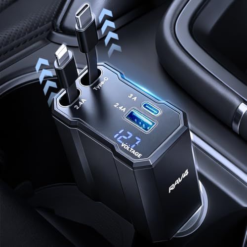 0車 充電器 シガーソケット対応新型 RAV4 & RAV4 PHV XA50系 | 4in1設計 4台同時使用 66W急速充電 カーチャージャー 巻き取り式 充電ケーブル 80cmケーブル しがーソケット 12V-24V対応 充電 高温/電流/電圧保護 as