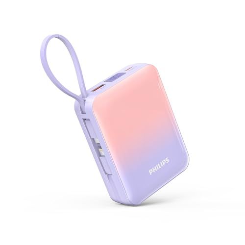 Philips(フィリップス) 20000mAh 大容量 PD 22.5W デュアルケーブル内蔵 ピンク紫 | Lightning type-c コード付き 急速充電 タイプc ライトニング 4台同時充電 携帯便利 充電器 iPhone 17 16 15 ts