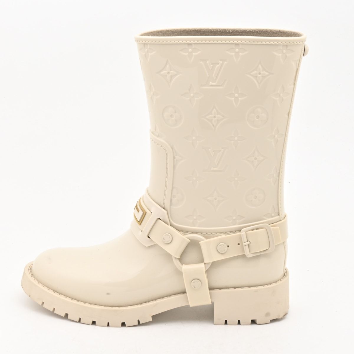LOUIS VUITTON(ルイヴィトン) レインブーツ 36 レディース ドロップス フラットハーフレインブーツ アイボリー モノグラム柄