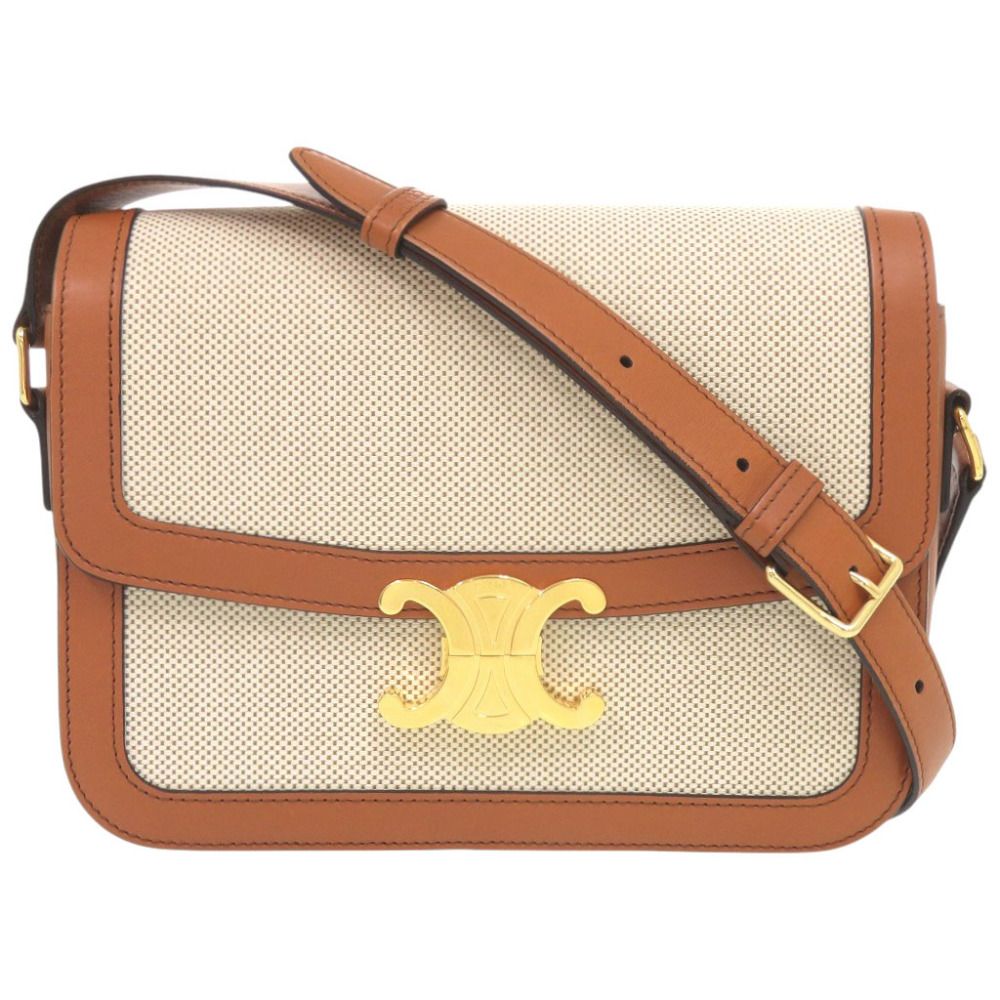美品 セリーヌ クラシック トリオンフ カーフスキン テキスタイル ナチュラル タン ショルダーバッグ 1385 CELINE