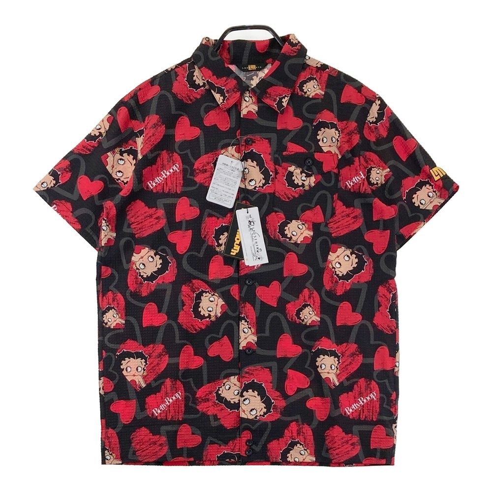 サイズ：L LOUD MOUTH ラウドマウス ×Betty Boop 2026年モデル 半袖シャツ サッカー地 スクリブルハーツベティー柄 ブラック系 [240101759243] ゴルフウェア メンズ ストスト