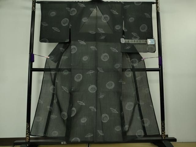 平和屋着物＊極上　夏物　本場小千谷ちぢみ　麻　捺染絣　織田工房謹製　番傘　黒地　証紙付き　逸品　未使用　DZAB8804kh6