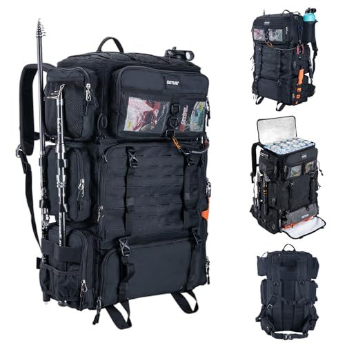 ★新品★Goture フィッシングリュック 釣りバッグ 72L大容量 3層収納 保冷機能 濡れた装備の収納対応 600Dオックスフォード 撥水加工 レインカバー付き タックル収納 多機能 釣り 登山 旅行 キャンプ アウトドア ブラック