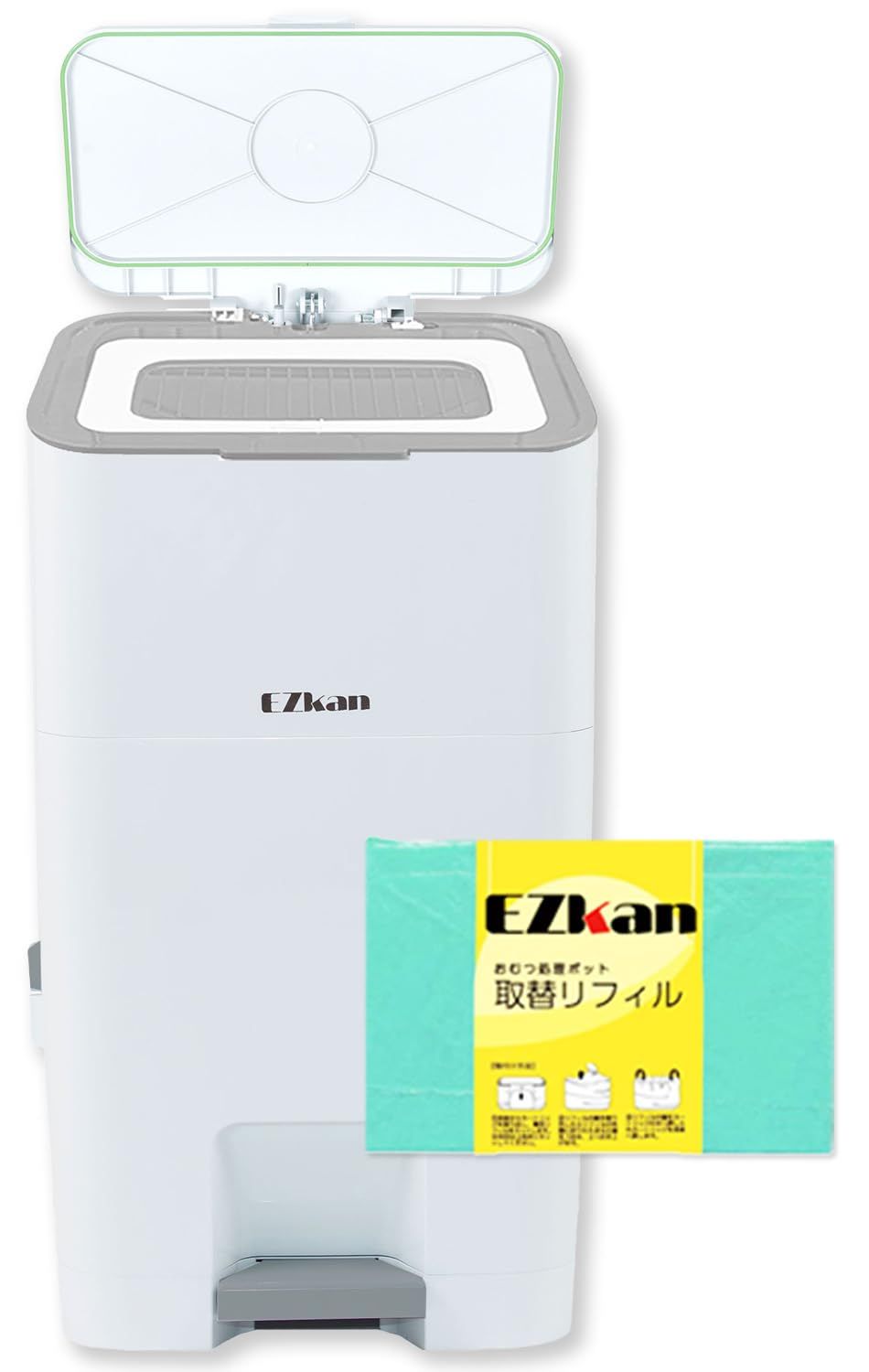 (ケラッタ) EZkan おむつポット ごみ箱 大容量 27L 99% 防臭 抗菌 におわない袋 2重フタ 介護 オムツ ペット (ホワイト(グレー))