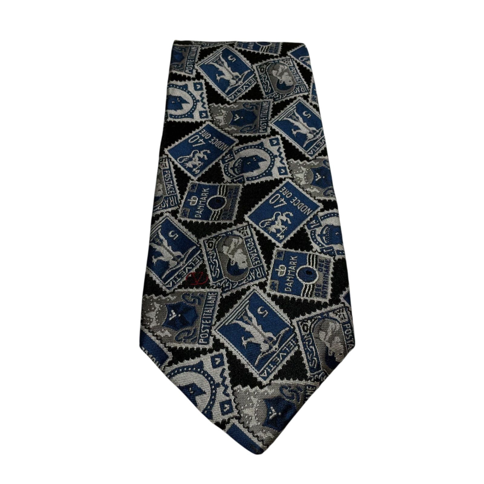 S08005 ネクタイ valentino ヴァレンティノ 切手柄 黒 MADE IN ITALY