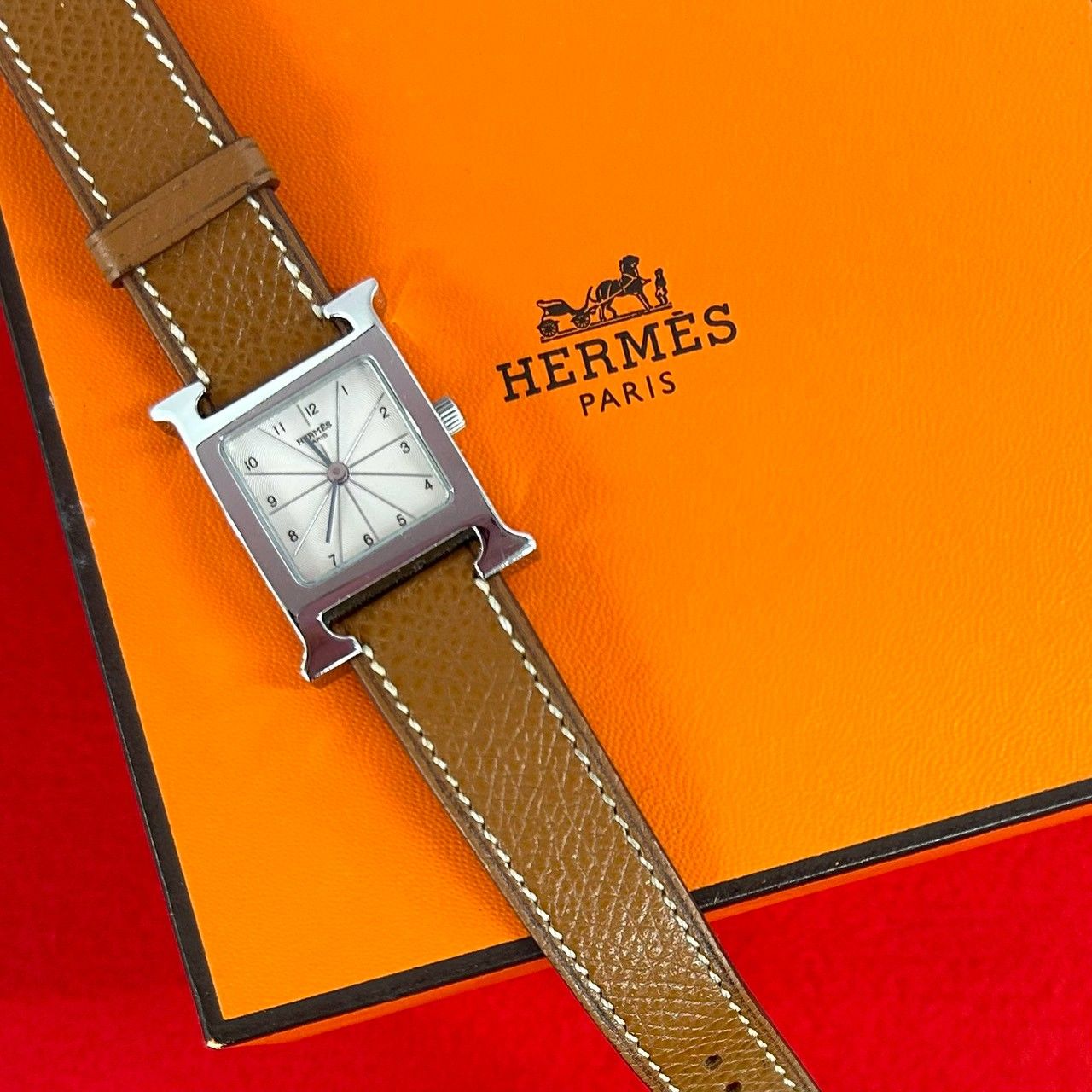 稼働品 極 美品 保存箱付き HERMES エルメス Hウォッチ レザー 本革 ステンレス クォーツ 腕時計 リストウォッチ ブラウン シルバー 255-2