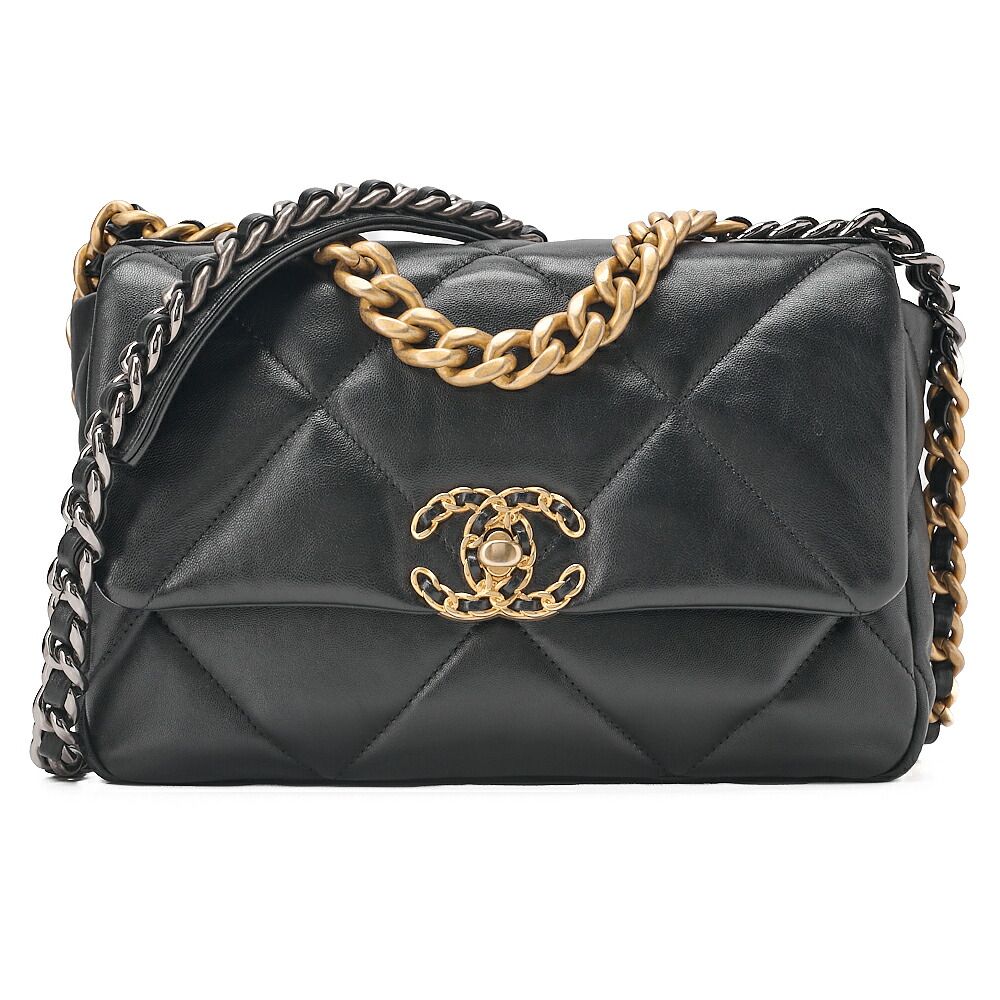 CHANEL シャネル　ラムスキン　マトラッセ　シャネル19　2WAYチェーンショルダー　黒　 ゴールド×シルバー金具　レディースバッグ　ブランド【中古】【送料無料】 297,000円
