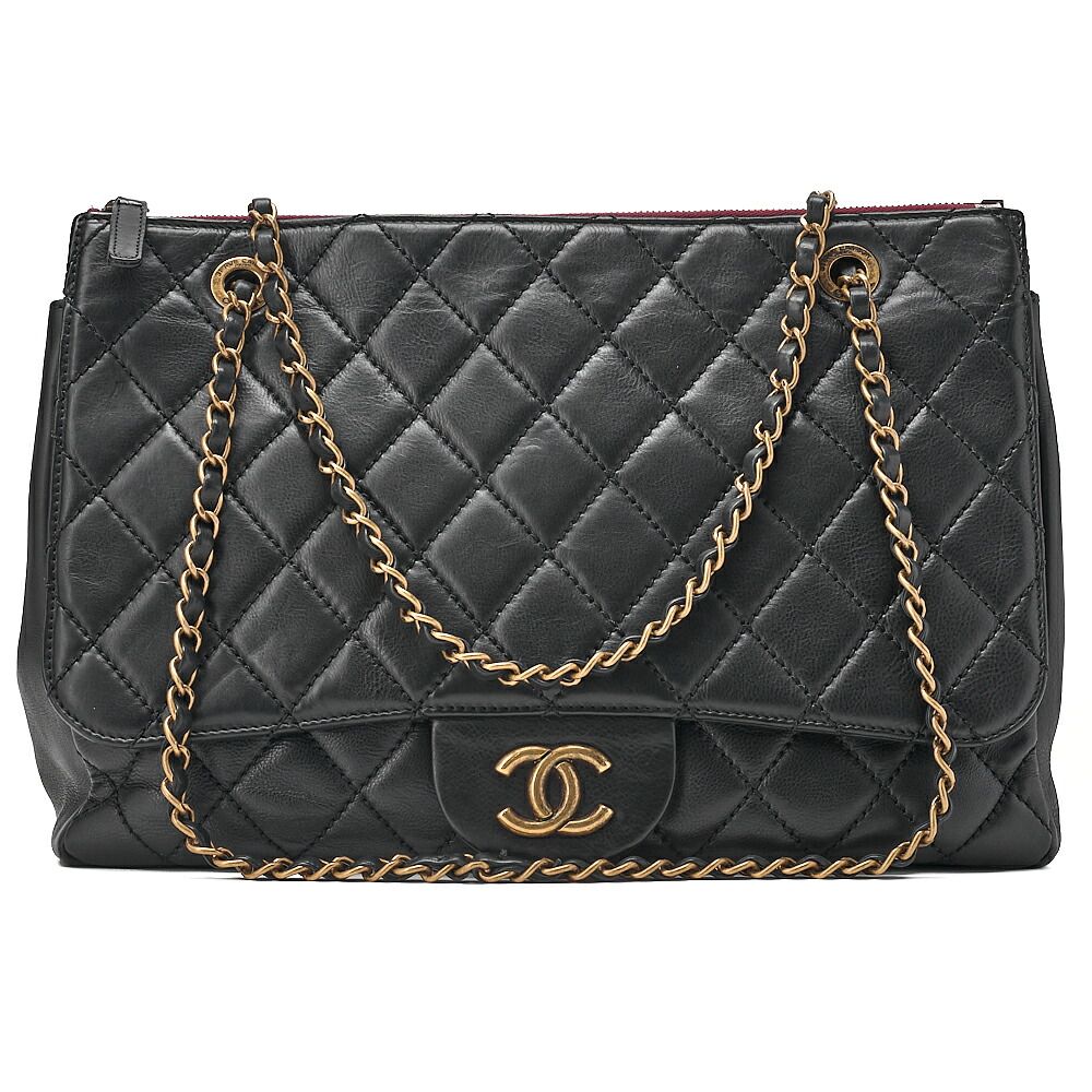 CHANEL 　シャネル 　マトラッセ 　カーフスキン　フルフラップ　チェーンショルダー　 黒（ゴールド金具） レディース【中古】【送料無料】