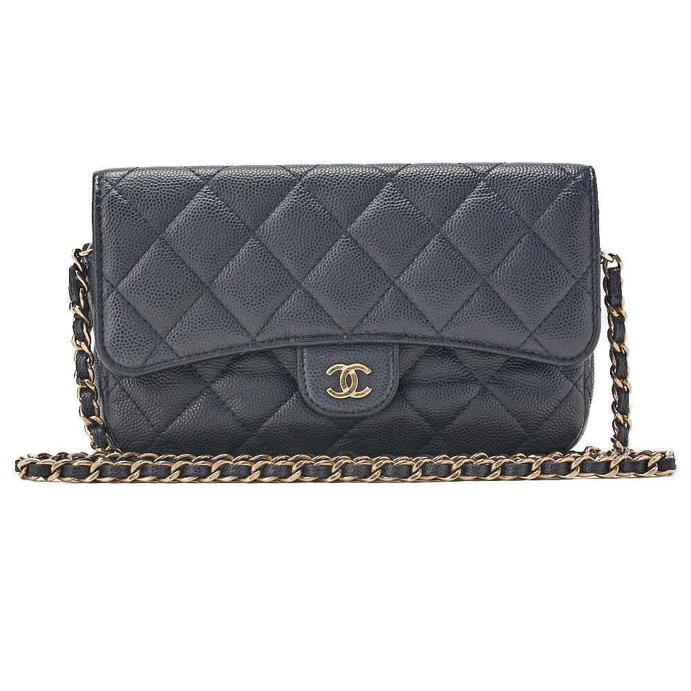 CHANEL シャネル 　マキャビアスキン　マトラッセ　プッシュロック　チェーンウォレット　ネイビー　ゴールド金具 ブランド【中古】【送料無料】