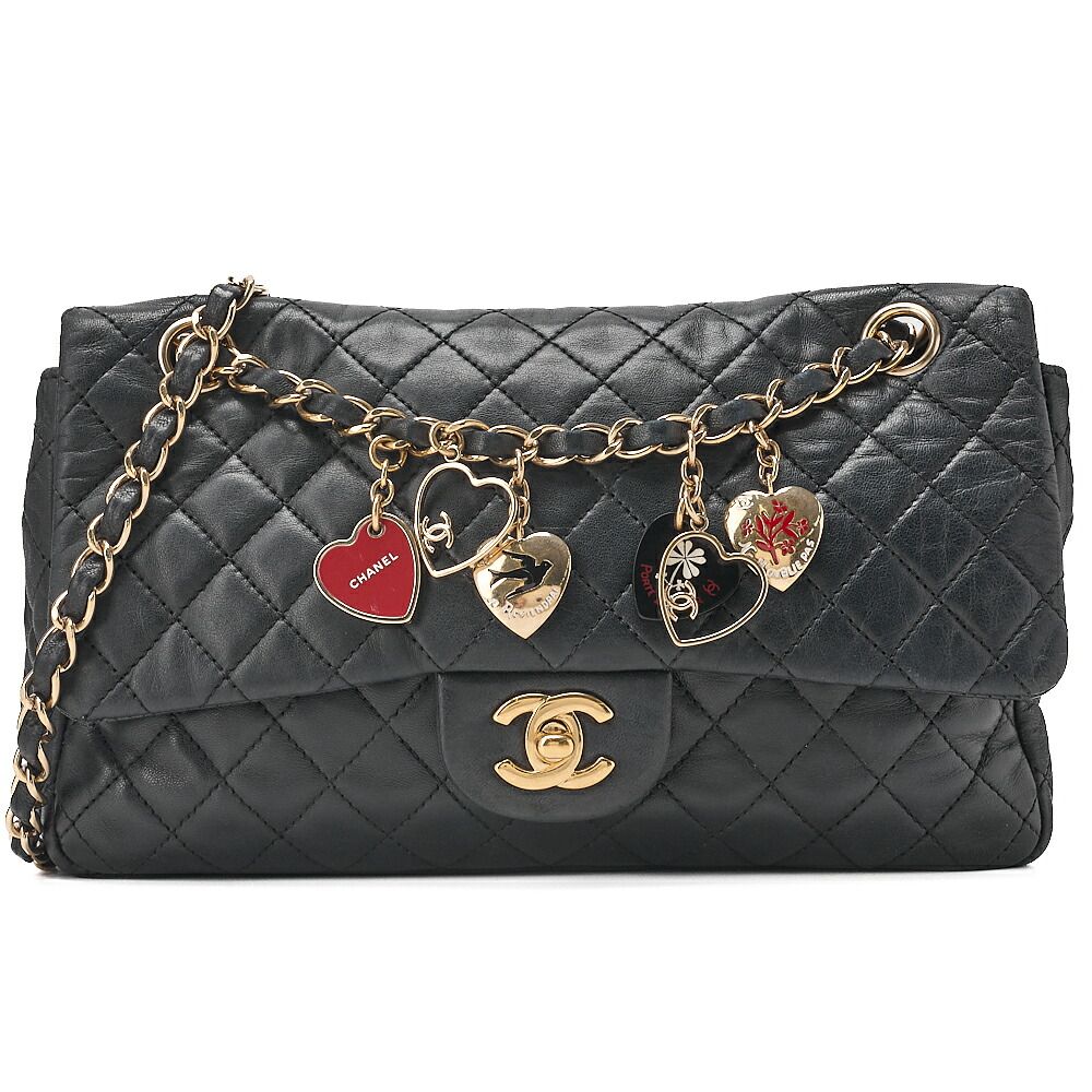 CHANEL 　シャネル　ラムスキン　マトラッセ　バレンタイン　シングルフラップ　チェーンショルダ　黒（ゴールド金具） レディースバッグ　レディースバッグ　ハイブランド【中古】【送料無料】