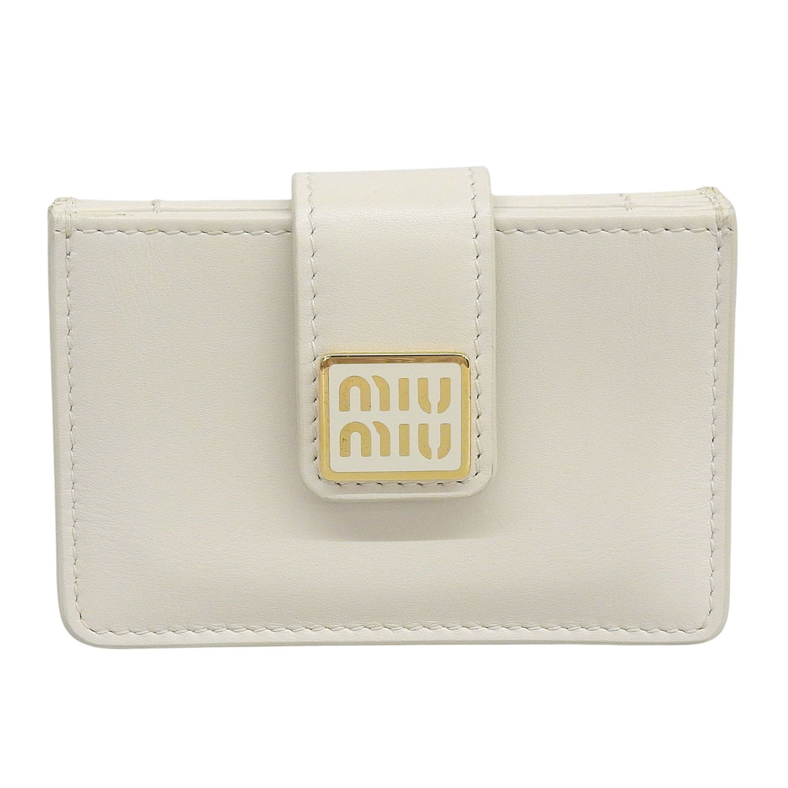 美品▲MIUMIU ミュウミュウ 5MC280 レザー 名刺入れ パスケース カードケース アイボリー ゴールド金具 イタリア製 レディース 箱付き