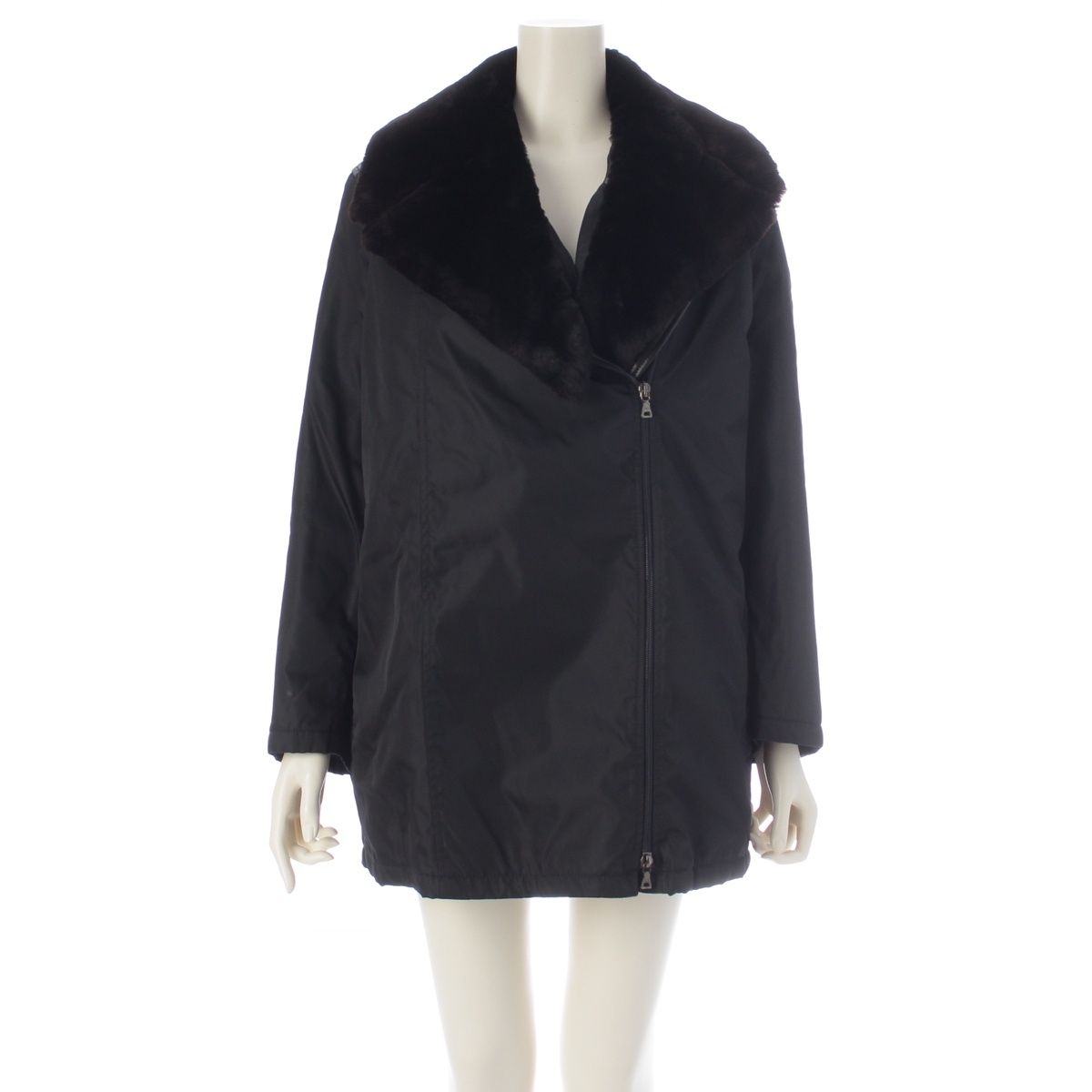 プラダ 90s F/W 1994 アーカイブ レザー ナイロン ファー 切替 ライダースジャケット コート アウター ブラック 42 コートg【中古】