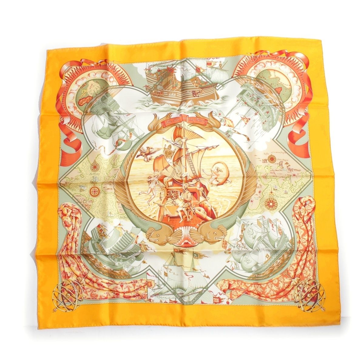 エルメス カレ90 Au-dela des cinq mers 5つの海を越えて シルク スカーフ イエロー【中古】