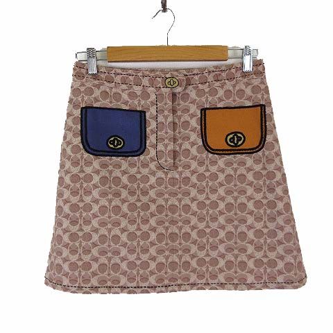コーチ COACH 21AW スカート ミニ トロンプルイユスカート シグネチャー柄 だまし絵風 ポケット 刺繍 M 2 ベージュ モカ タグ付 美品 国内正規品