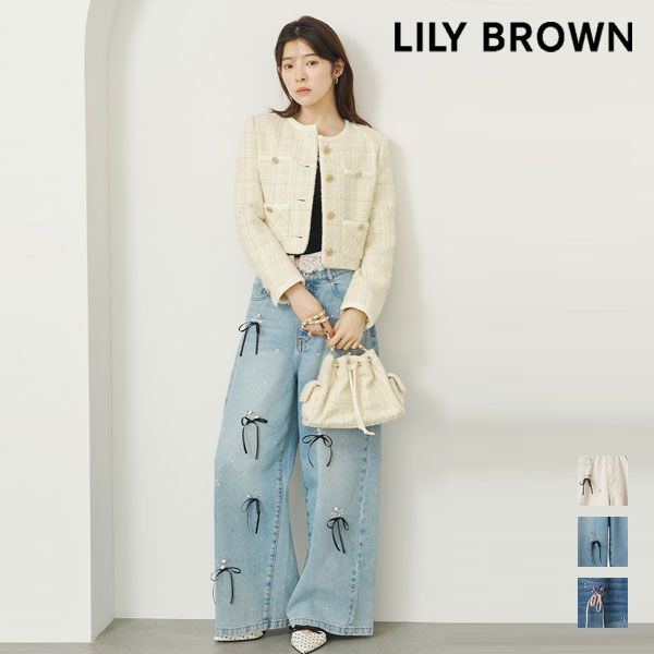 【即納】リリーブラウン LILY BROWN ボトムス 26秋冬 [L.B CANDY STOCK] フラワービジューデニムパンツ フルレングス ワイドデニム 無地 リボン lwfp264811