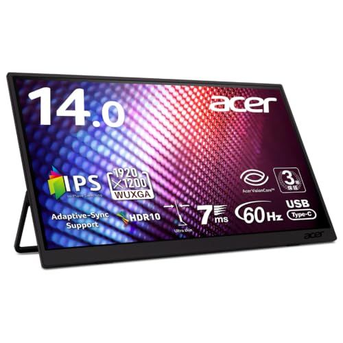 Acer モバイルモニター 14インチ WUXGA 16:10 IPS 非光沢 NTSC 45% 60Hz 7ms(GTG) 600g 超薄型 Adaptive-Sync HDR10 HDMI 1.4 USB-C デュアルスピーカー スタンド 5ea896eb