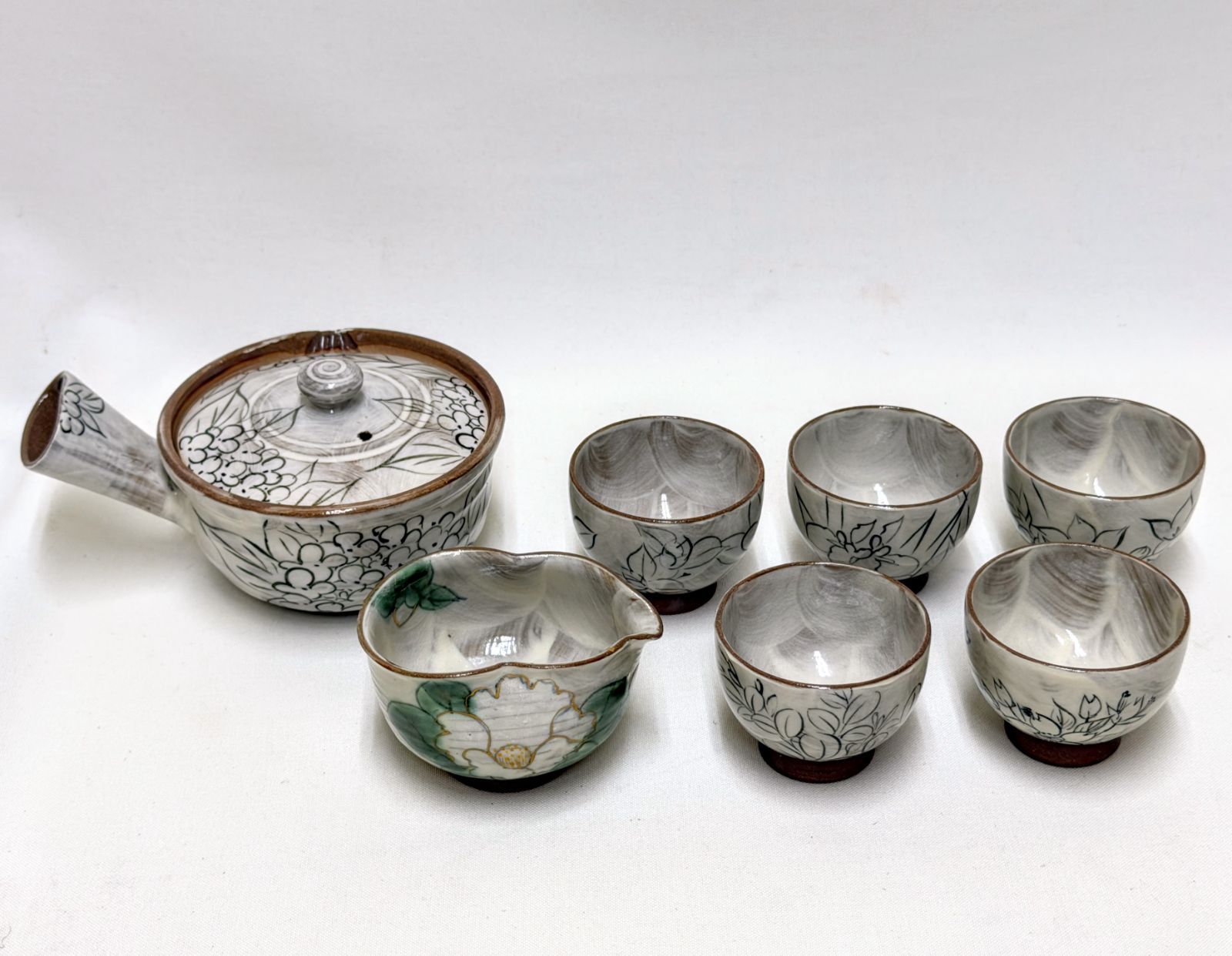 D349【茶道具】京焼 清水焼 陶葊 陶あん 煎茶器揃 5客 横手急須 湯冷まし 絵変り花 ほぼ未使用