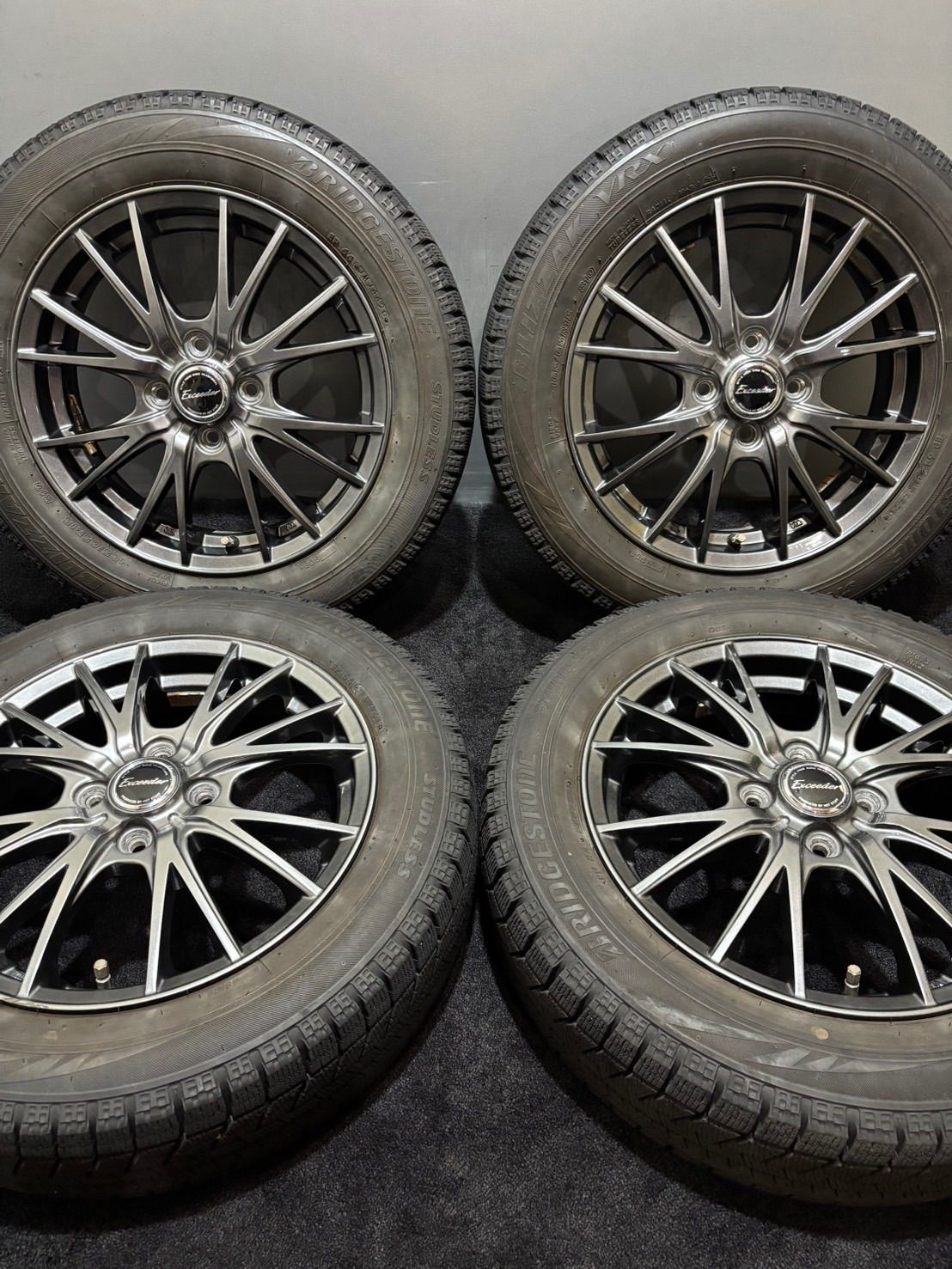 ★165/65R15 BRIDGESTONE/VRX 20年製 Exceeder 15インチ 4.5J +45 100 4H スタッドレス 4本 タフト ソリオ デリカD:2 (南1-M968)