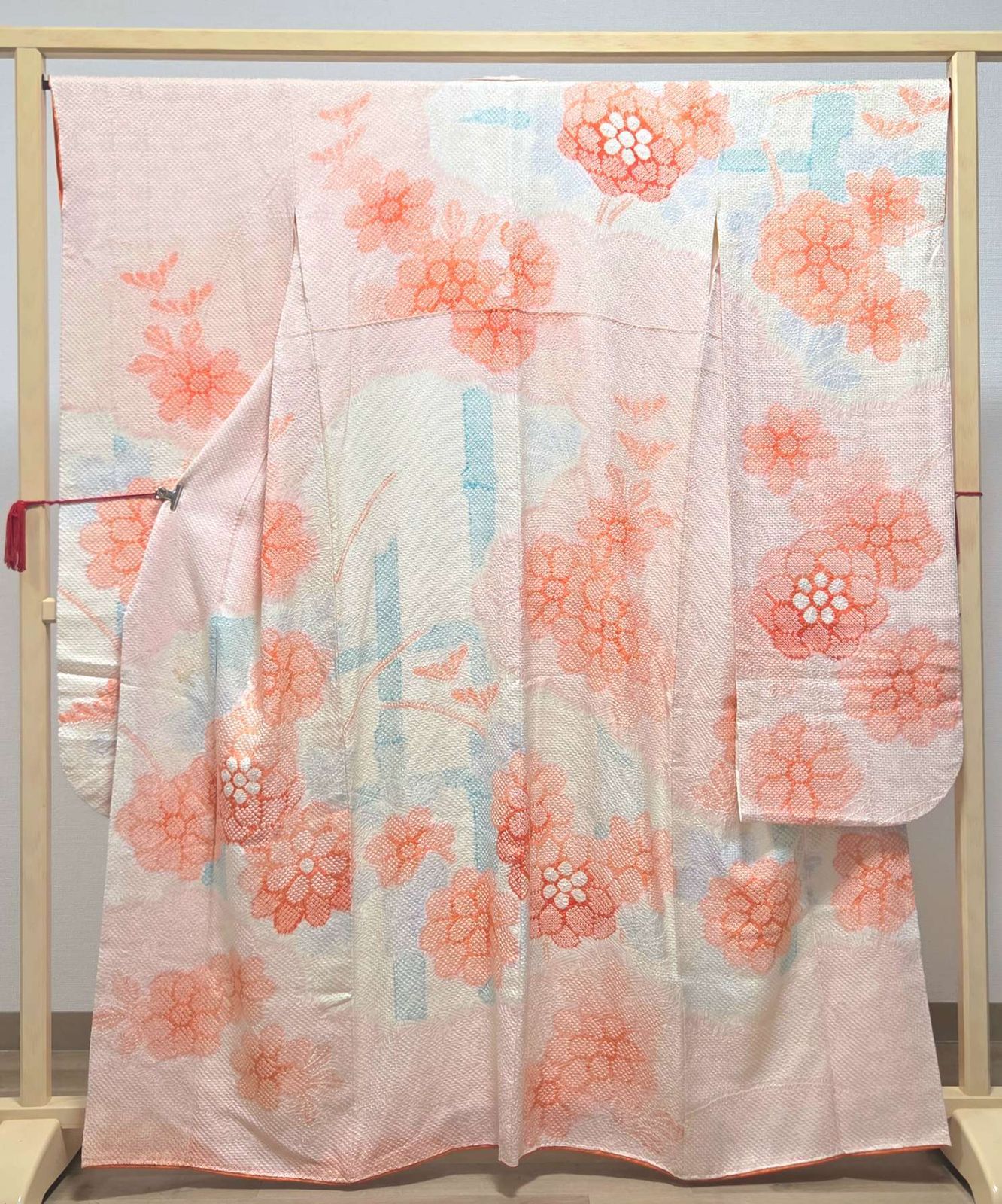 B5◆着物くつろぎ 総絞り 竹林に花模様 薄ピンク色 オレンジ色 袷 正絹 振袖 着物