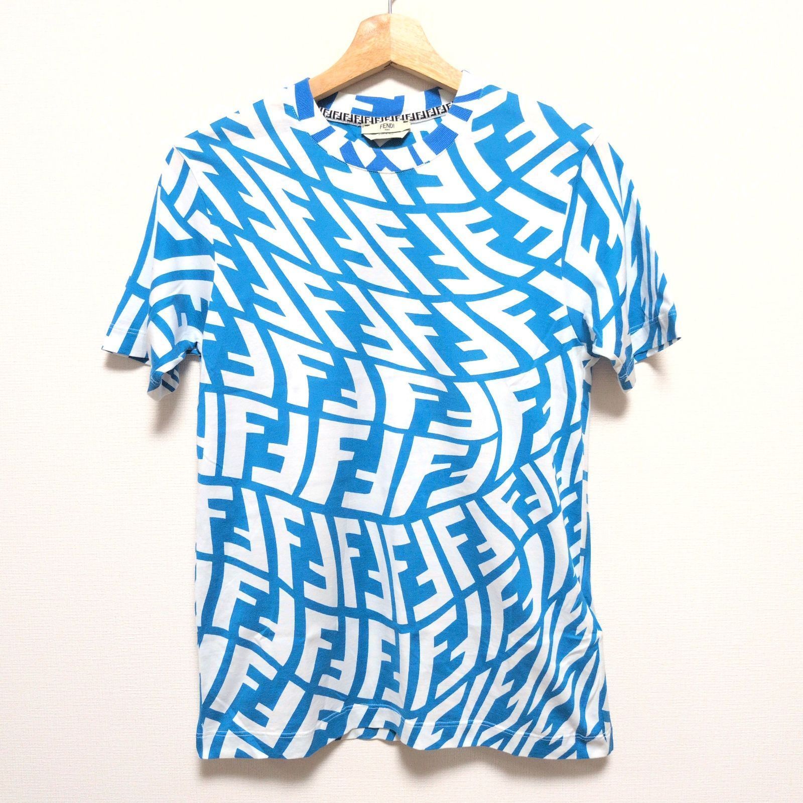 Fendi フェンディ ロゴ総柄 プリント 半袖 Tシャツ レディース ブルー×ホワイト Ｓサイズ 美品