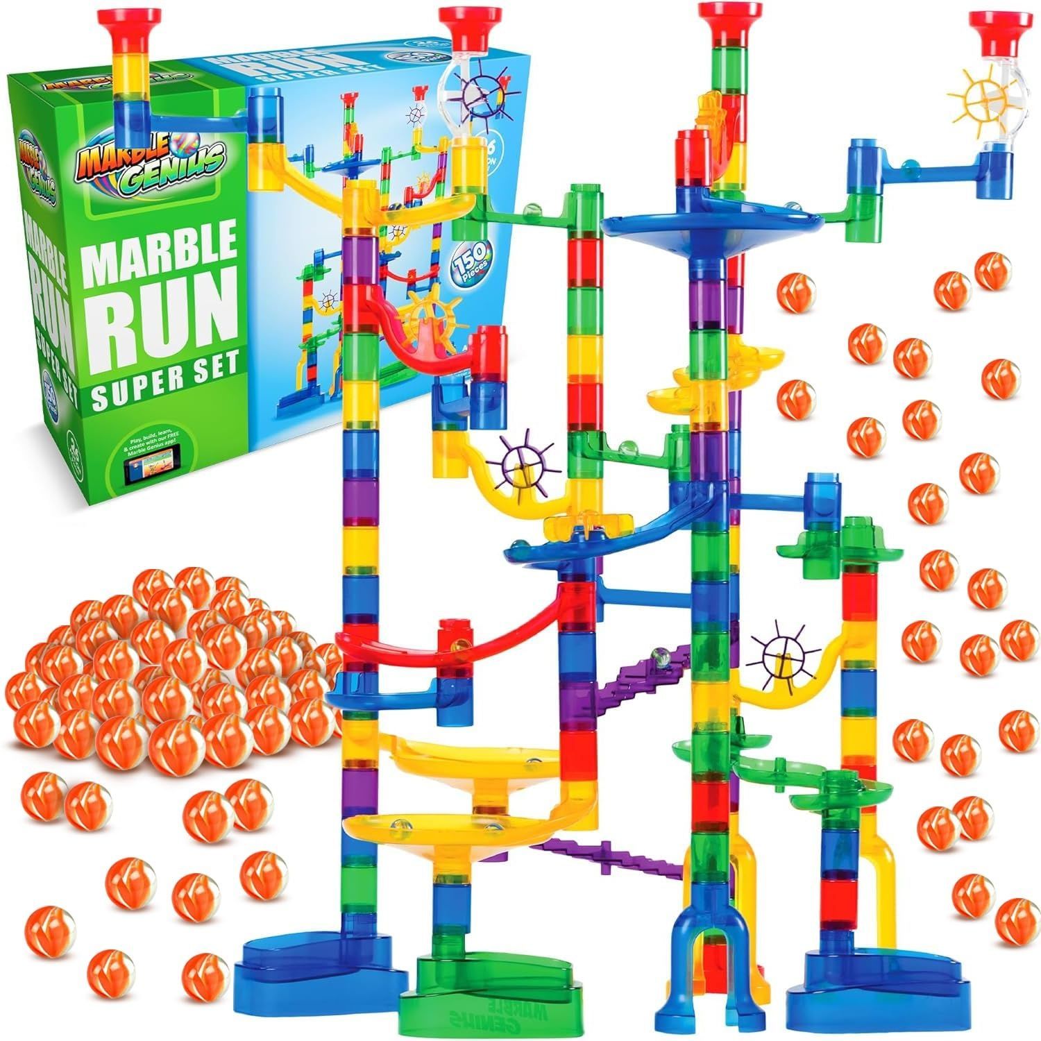 Marble Genius Marble Run Super Set - 85 Translucent Marbulous Pieces + 15 Glass Marbles ビー玉タワースーパーセット【US輸入品】