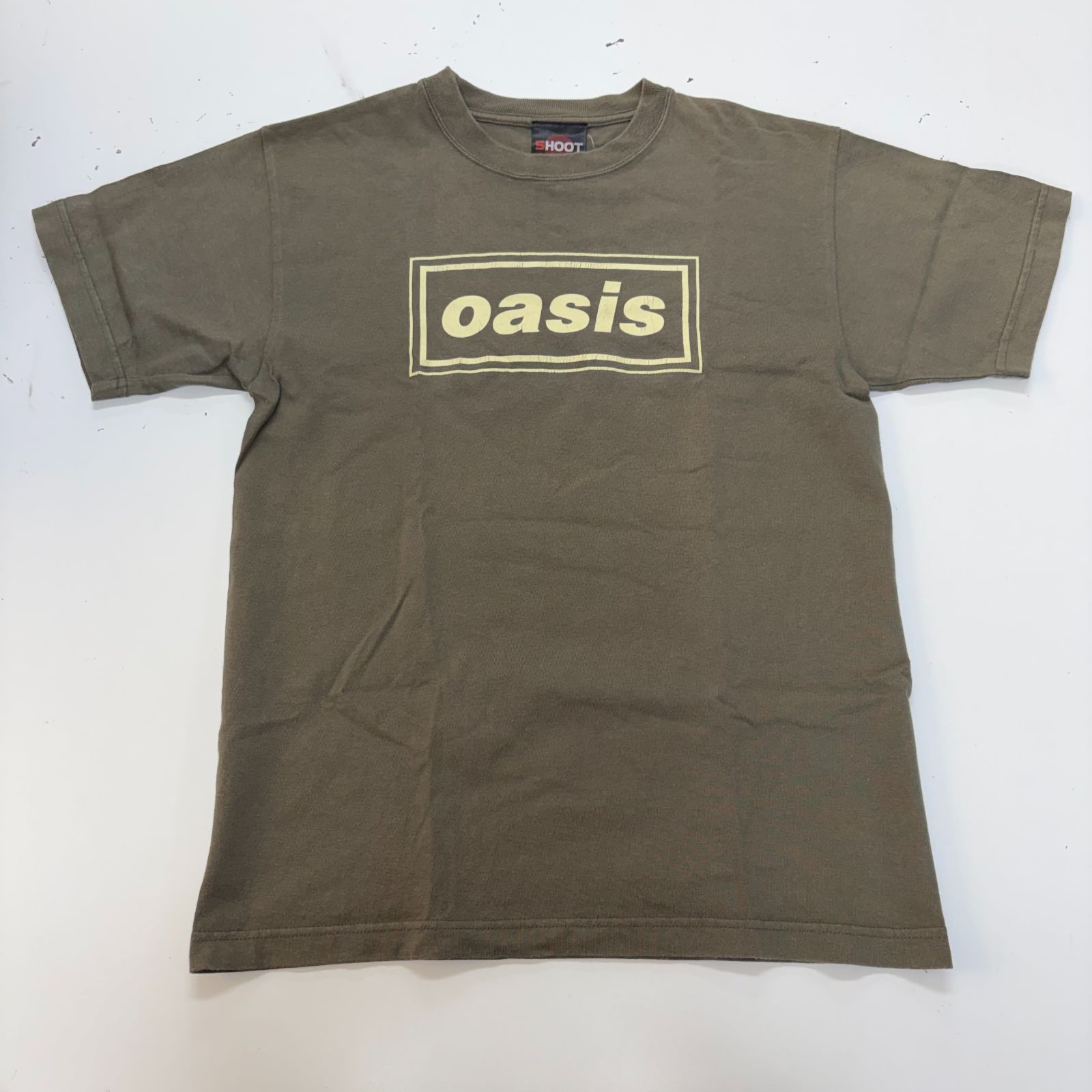雰囲気抜群!! 90s Oasis オアシス バンドTシャツ 半袖 Sサイズ カーキ メンズ バンT SHOOTボディ ボックスロゴ 1998 ストリート アメカジ ヴィンテージ