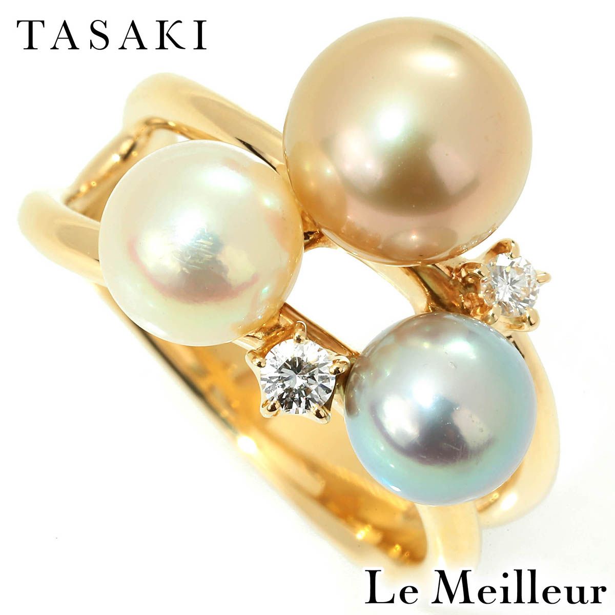 [Brand New Finished] TASAKI Akoya Pearl 6.60-8.50mm Diamond Yellow Gold K18YG Pearl Ring No. 14 Women's Return OK