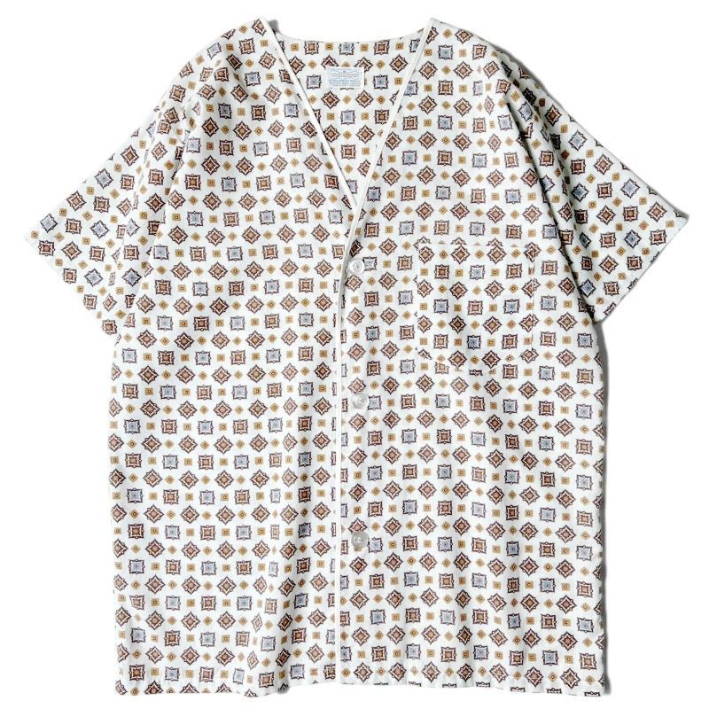 60s 70s Unknown エンブレム 総柄 半袖 パジャマ シャツ M / 60年代 70年代 ビンテージ マルチカラー ボックス ノーカラー