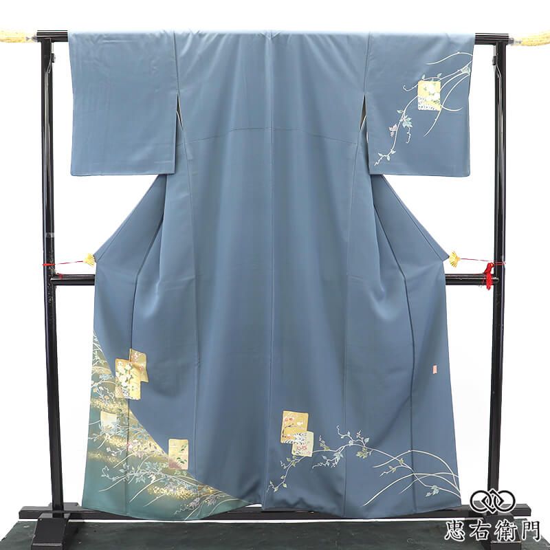 訪問着 フォーマル レディース 袷 正絹 灰青 色紙柄 四季の花 蔦 伝統文様 身丈161.5cm 裄丈66cm 入学式 卒業式 七五三 結婚式 パーティ Mサイズ相当 送料無料 即日発送