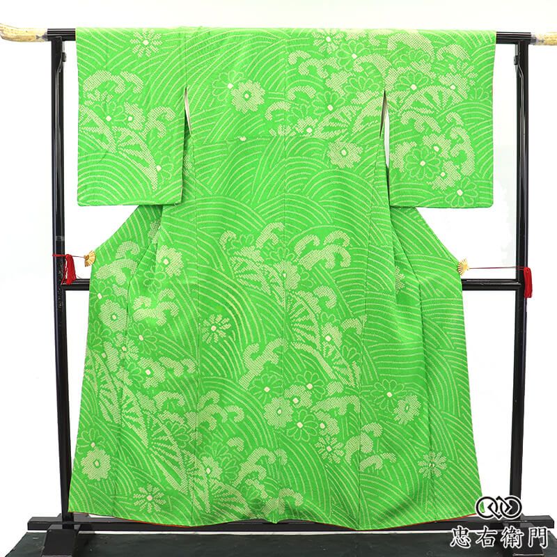 絞り付下げ フォーマル レディース 袷 正絹 緑 波文 片輪車文 古典柄 身丈160.5cm 裄丈65.5cm 舞台 食事会 イベント Mサイズ相当 即日発送