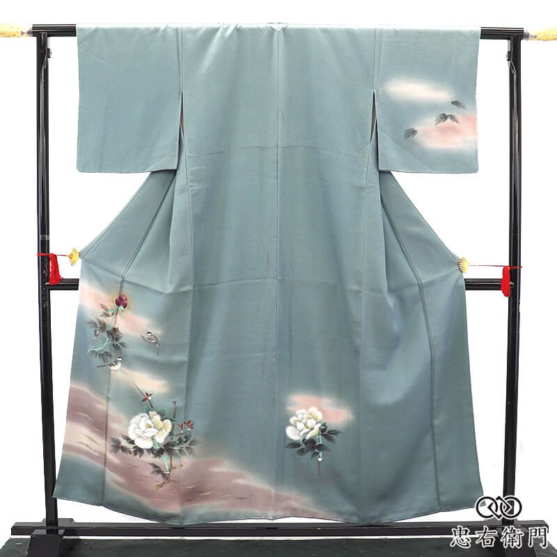 付下げ フォーマル レディース 袷 正絹 灰青 牡丹 小鳥 上品 品格 身丈158.5cm 裄丈63cm 観劇 食事会 お出かけ Ｓ～Ｍサイズ相当 送料無料 即日発送