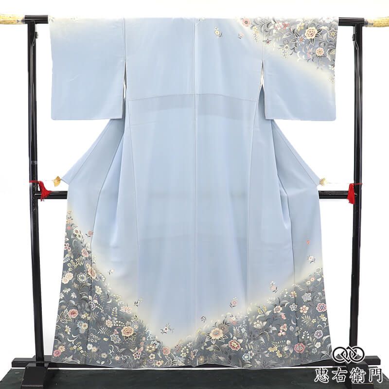訪問着 フォーマル レディース 袷 正絹 灰水色 モダン 洋花 唐草 上品 身丈161cm 裄丈64.5cm 食事会 パーティ お出かけ Mサイズ相当 送料無料 即日発送