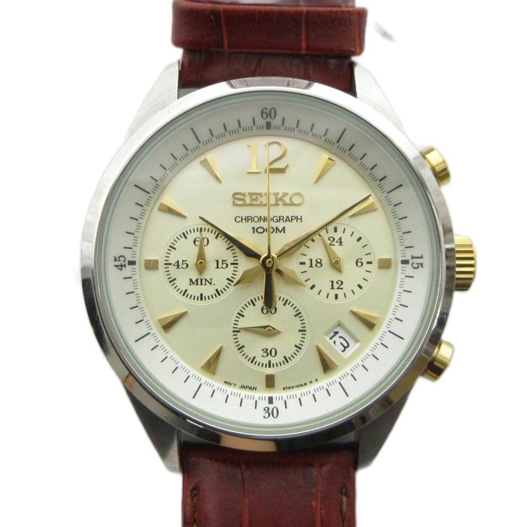セイコー SEIKO 6T63-00F0 腕時計 ウォッチ クォーツ レザーベルト クロノグラフ カレンダー付き デイト シルバー色 ■GY18 /MQ