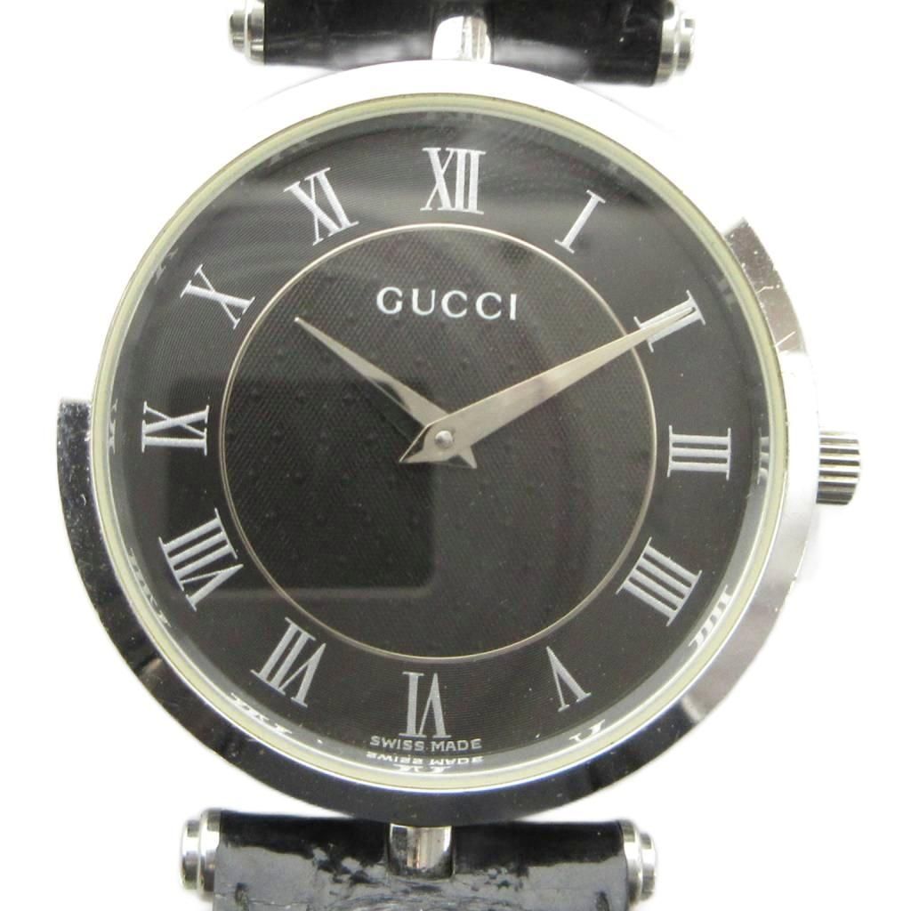 グッチ GUCCI 腕時計 クォーツ ウォッチ ローマン 黒文字盤 レザーベルト シルバー色 ■GY18 /MQ ■OH 15,466円