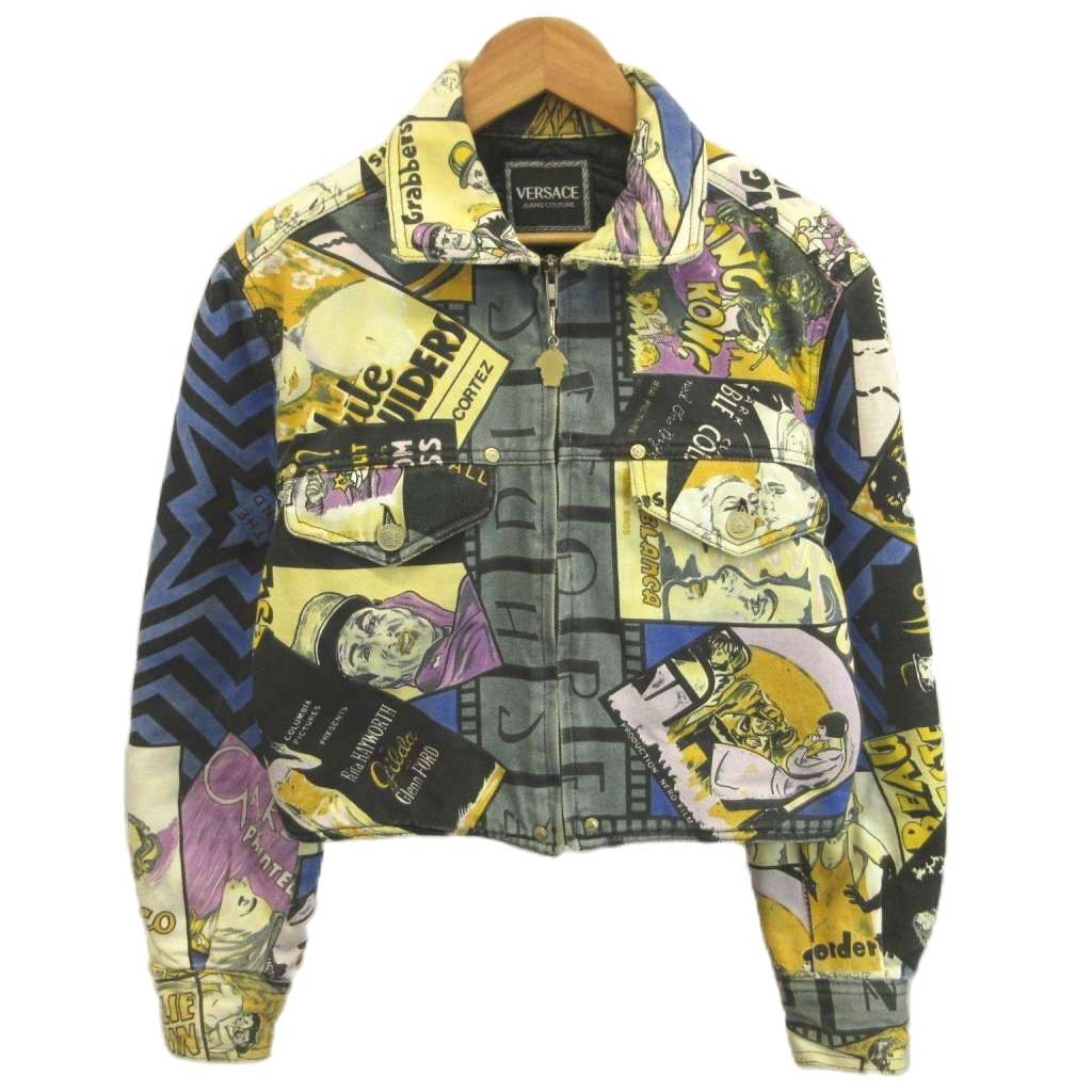ヴェルサーチジーンズ VERSACE JEANS COUTURE コミック柄クロップドブルゾン 上着 S 黄 イエロー 青 ブルー 総柄 マルチカラー デニムジャケット アウター /YU ■GY18