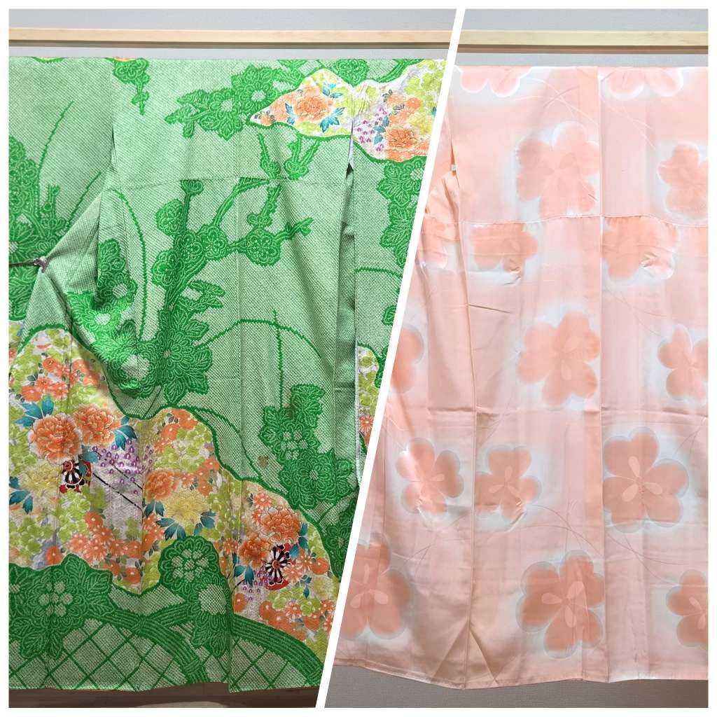 C◆着物くつろぎ 振袖・襦袢セット 総絞り 霞に花模様 金駒刺繍 金彩 緑色 白 梅 牡丹 藤 菊 袷 正絹 着物