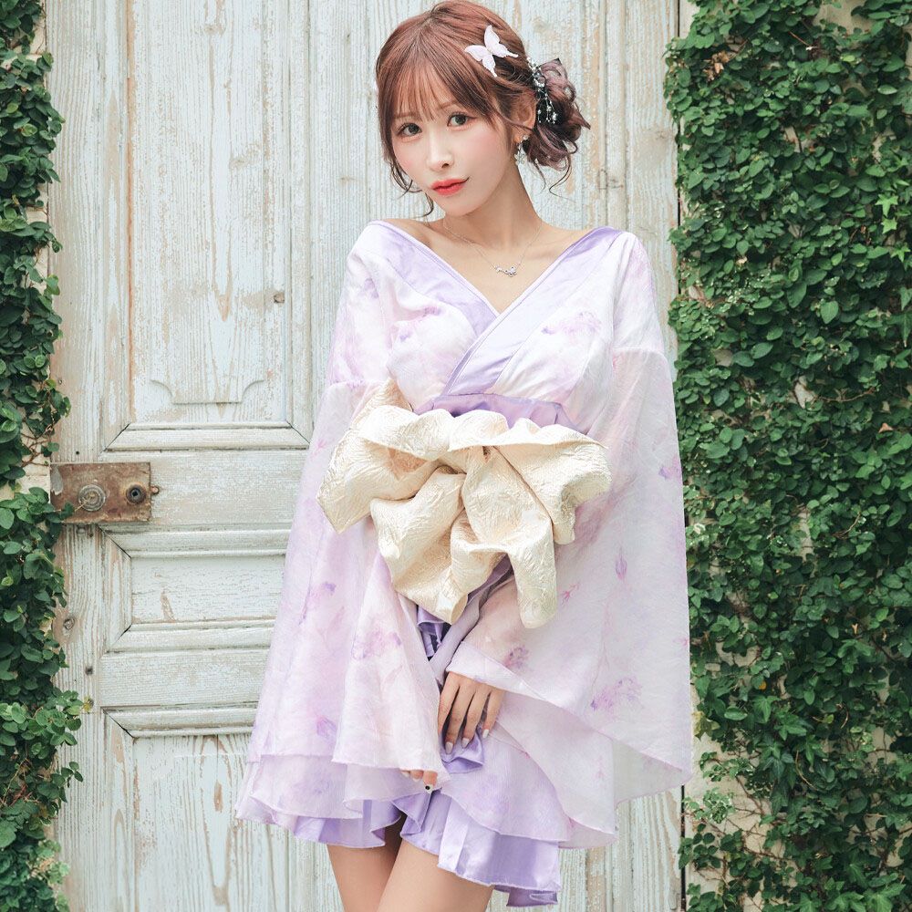 花魁 コスプレ 着物ドレス ミニドレス オフショル 深Vネック シフォン フラワープリント 帯付き 和柄 ワンピース 衣装 キャバドレス ハロウィン 仮装