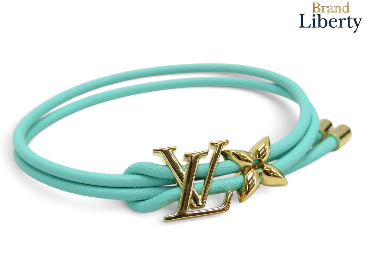【レア新品同様】ルイヴィトン LOUIS VUITTON ブレスレット LV ブルーム 2連 腕輪 ブルーラグーン ゴールド金具 カーフレザー M0973Z