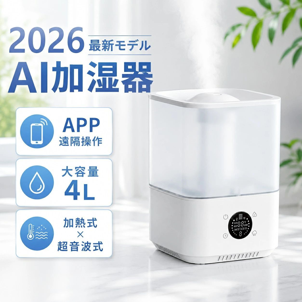 加湿器 ハイブリッド加湿器 2026最新モデル AIスマート加湿 自動湿度調整 APP遠隔操作 加熱式 超音波式 大容量 上から給水 3段階ミスト アロマ対応 リモコン タッチ操作 おやすみモード 消灯機能 タイマー 7色LEDライト