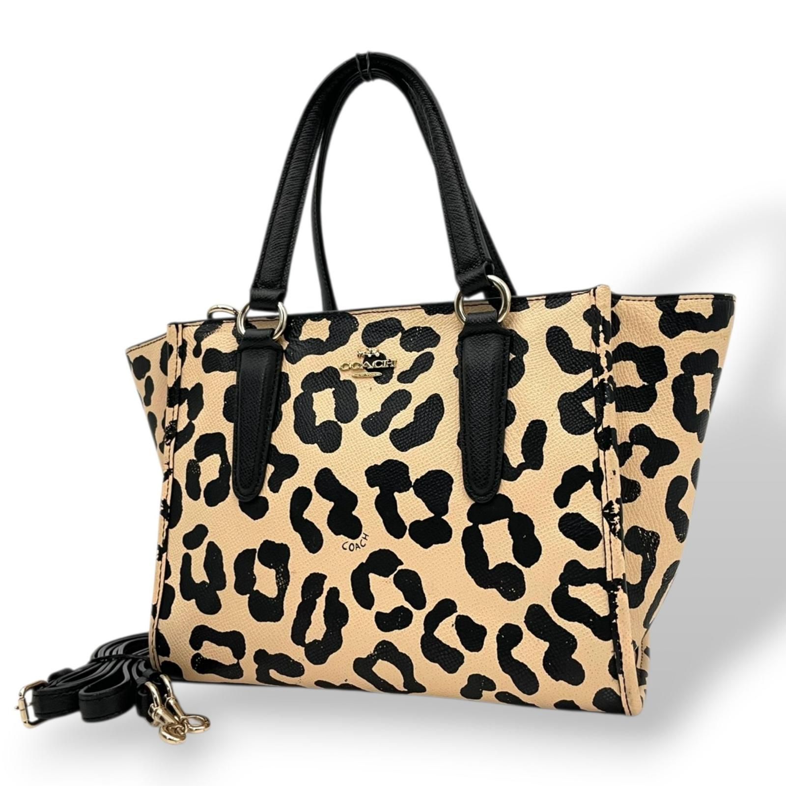 [Good] Coach Coach 2 Way Tote Bag Shoulder Bag 34334 Leopard Leopard Pattern PVC Leather Beige Black Black Gold Hardware Diagonal Hanging Crossbody for Going Out Daily Elegant Elegant Ladies Classic Popular S94