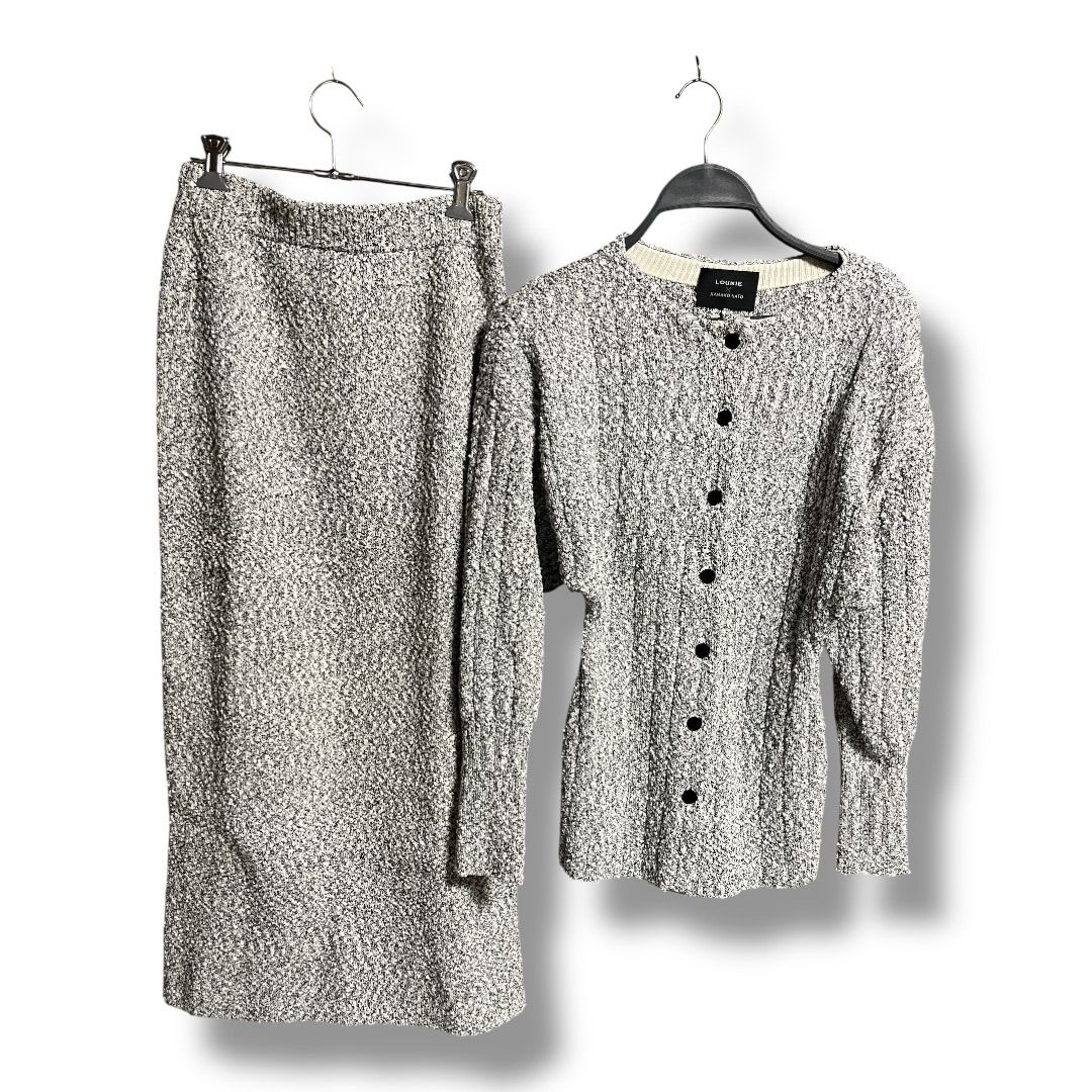 LOUNIE × KANAKO SATO ルーニィ カナコサトウ ニット セットアップ ロングスカート 肩パット ニットジャケット ストレッチ コットン混 レディース サイズ38 グレー 秋 ゴーゴー古着久喜倉庫店 30 No.K2621