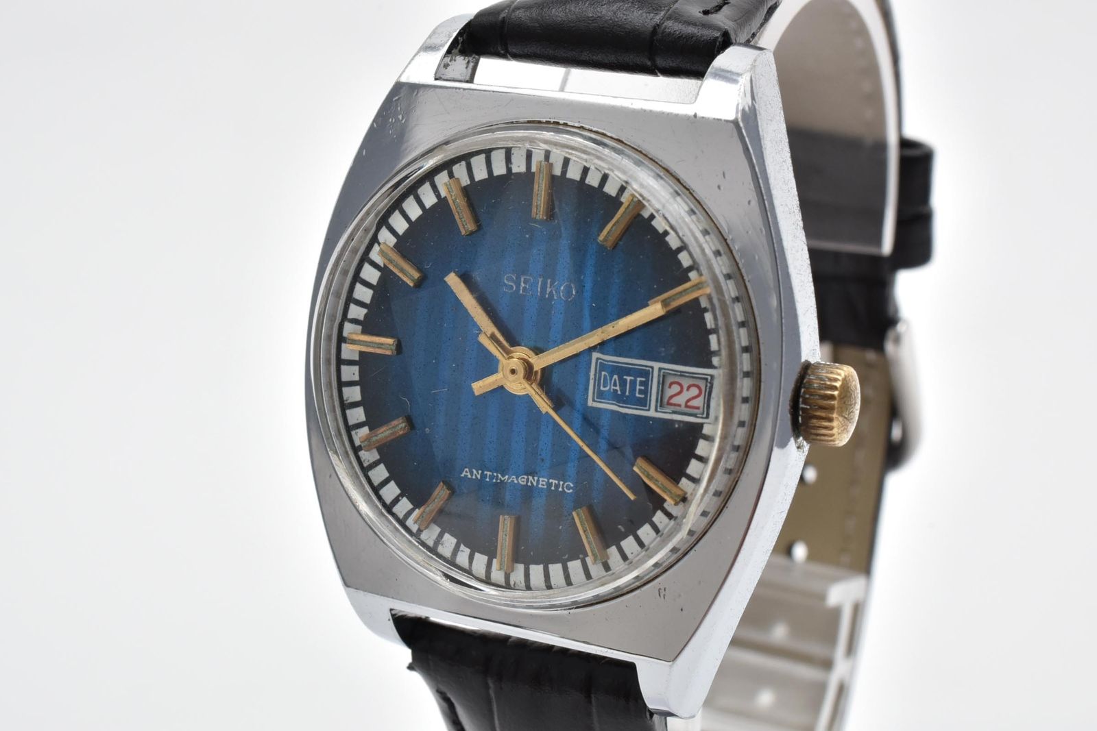 SEIKO セイコー 7005-7001 メンズ 自動巻き 腕時計 ブルー文字盤 デイト ゴールドカラーインデックス ステンレス レザーストラップ 34.2mm 1970年代 ヴィンテージ