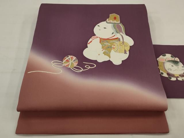 平和屋着物●塩瀬　九寸名古屋帯　刺繍　唐子　金彩　正絹　逸品　AABJ7010pf