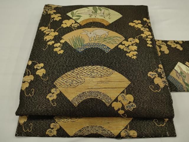 平和屋着物●九寸名古屋帯　地紙草花文　跳び兎　金銀糸　正絹　逸品　AABJ7050pf