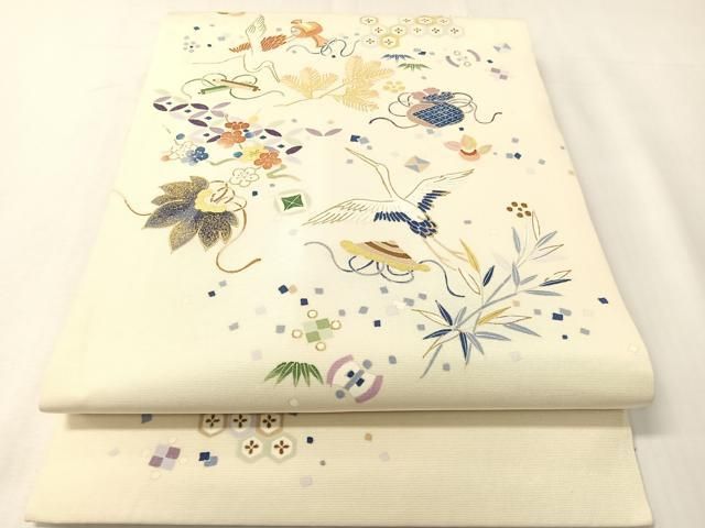 平和屋着物●塩瀬　九寸開き名古屋帯　宝尽くし飛鶴文　銀通し地　正絹　逸品　CABI4335vp