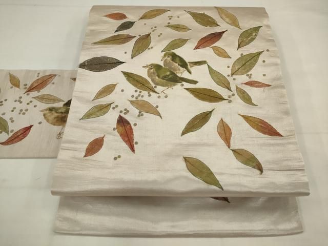 平和屋着物●アンティーク　大正ロマン　九寸名古屋帯　刺繍　群鳥　正絹　逸品　AABJ7061pf