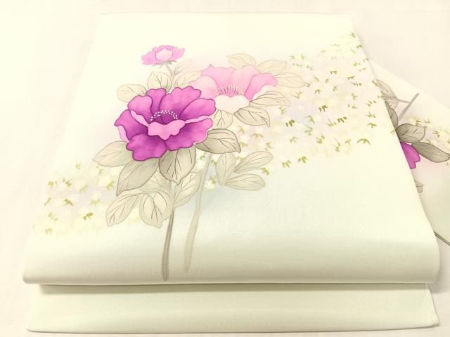 平和屋着物●塩瀬　九寸名古屋帯　手描き　草花文　正絹　逸品　CABJ0404vp
