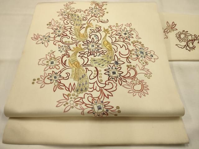 平和屋着物●塩瀬　九寸名古屋帯　総刺繍　花鳥文　金銀糸　正絹　逸品　AABJ7536sx