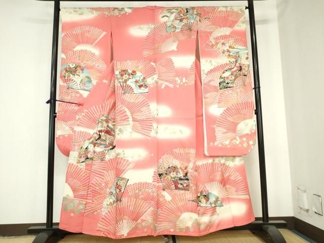 平和屋着物▽豪華振袖　単衣　駒刺繍　飛鶴扇面花文　暈し染め　金銀彩　正絹　逸品　DABH0638op 22,776円
